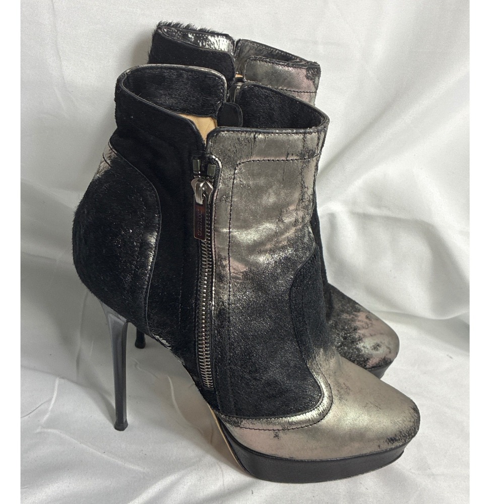 Jimmy Choo Black Pony Hair Metallic Silver Ankle Boots Stiletto Heels Size 37.5